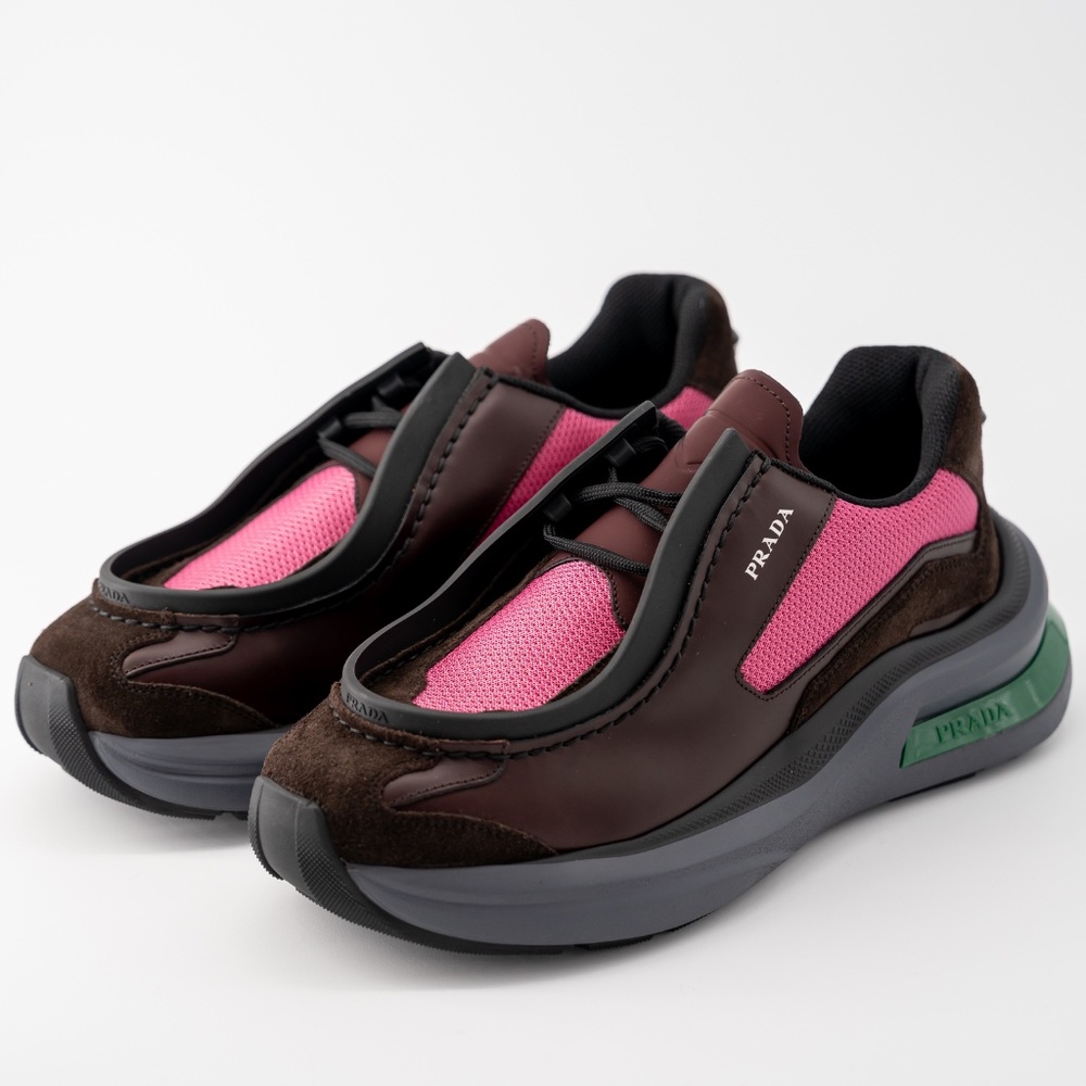 size 8uk 9 US Prada Systeme Leather Sneakers Suede Brown Burgundy Pink